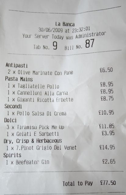 Bill for four including wine