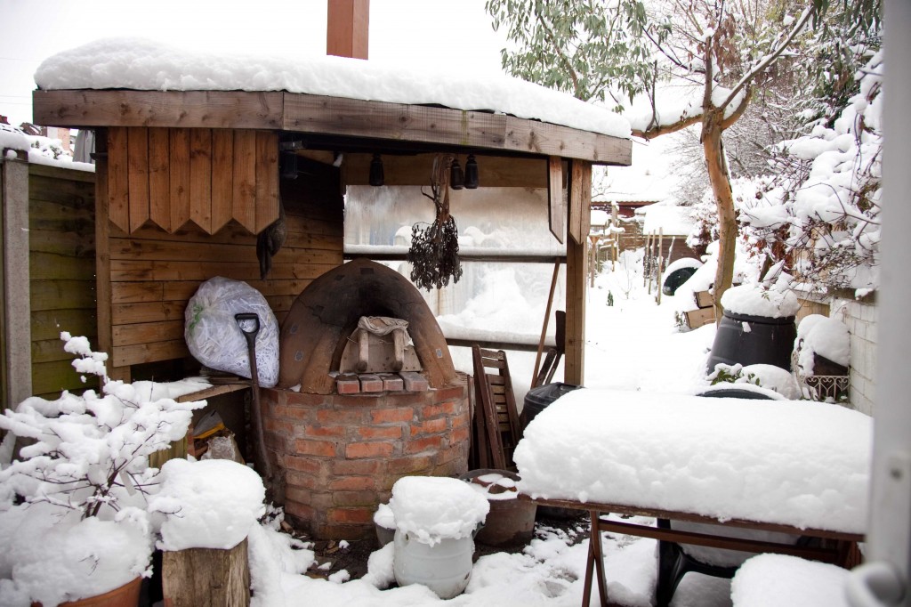 Snowy wood-fired oven at the original home of Loaf